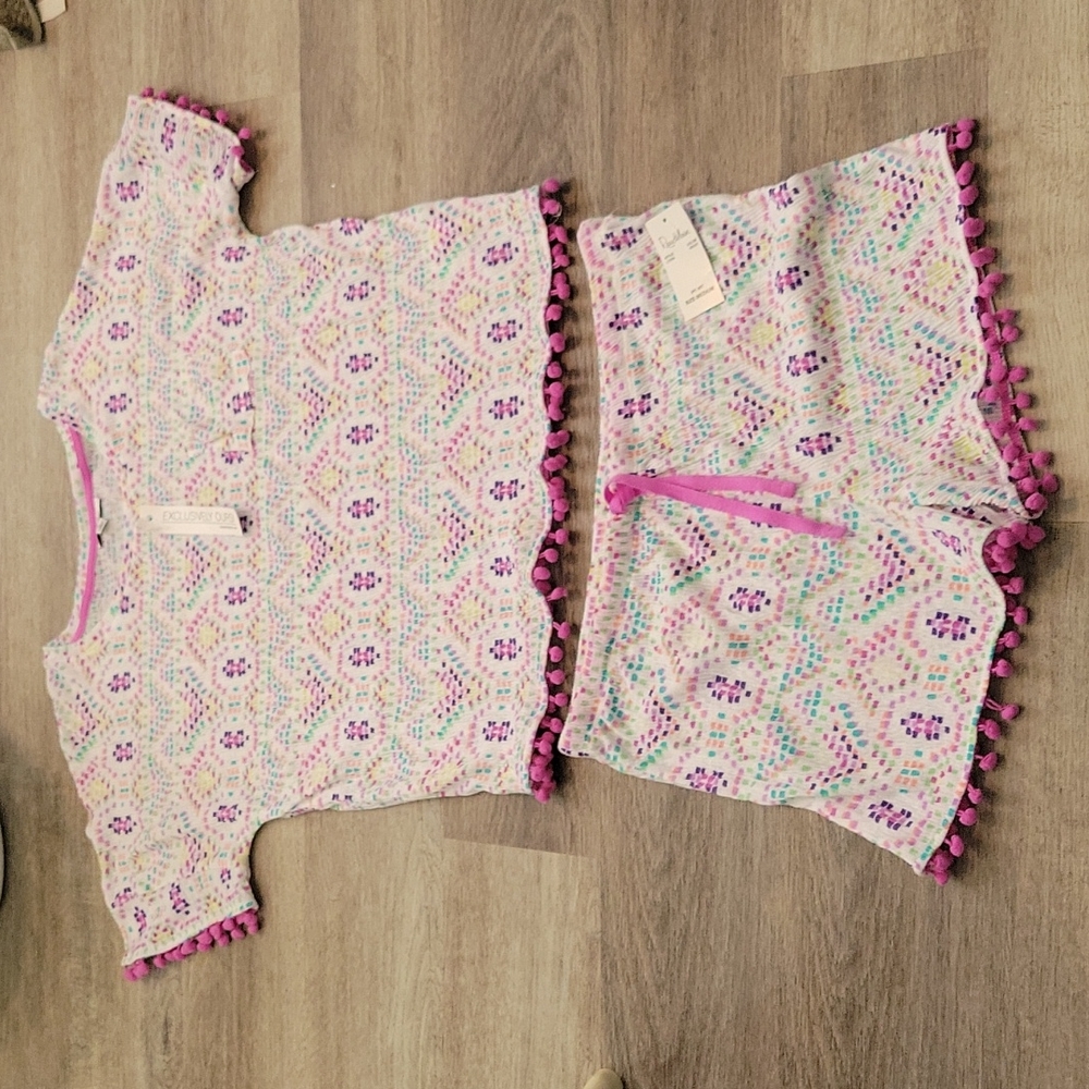 Roudelain white purple with pom pom short pj set 2 pc medium